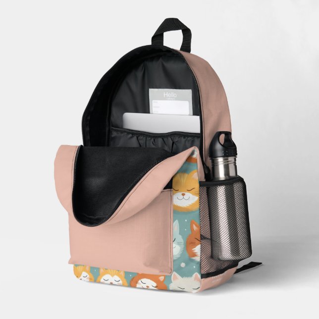 Sac À Dos Imprimé Cute Sleepy chats nom personnalisé (Coin arrière droit (ouvert))