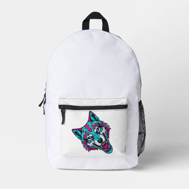 Sac À Dos Imprimé Cyberpunk Neon Wolf - Synthwave Robotic Animal (Recto)