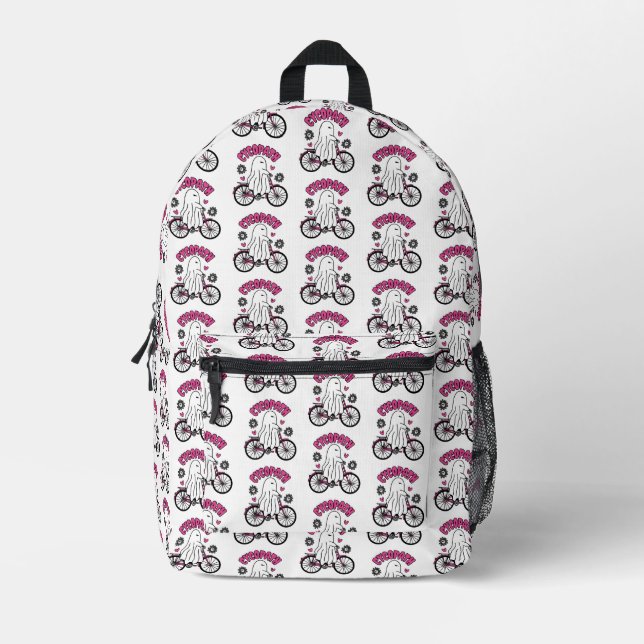 Sac À Dos Imprimé Cycopath Halloween fantôme sur vélo rose (Recto)
