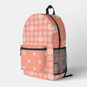 SAC À DOS IMPRIMÉ DAISIES BLANCHES AVEC MOTIFS PASTEL ORANGE PLAID