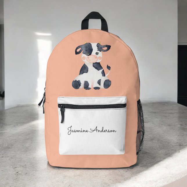 Sac À Dos Imprimé École de vache à l'aquarelle (personalized watercolor cow school bag )
