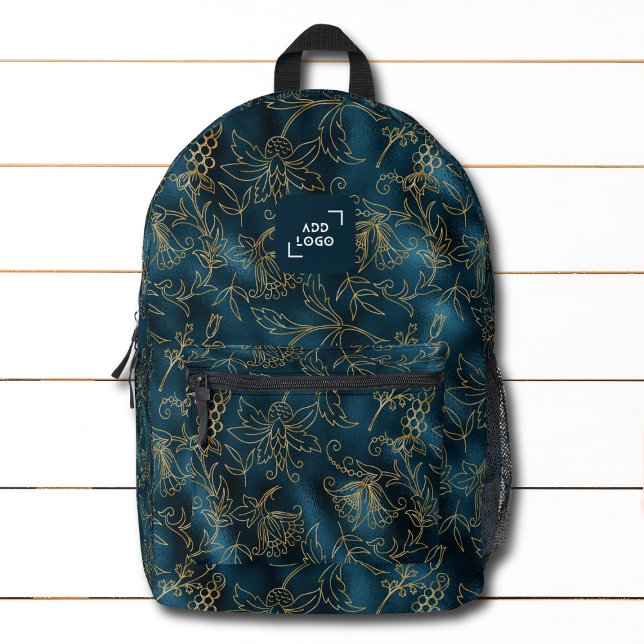Sac À Dos Imprimé Élégant Blue Gold Tropical Floral Logo Entreprise (Créateur téléchargé)