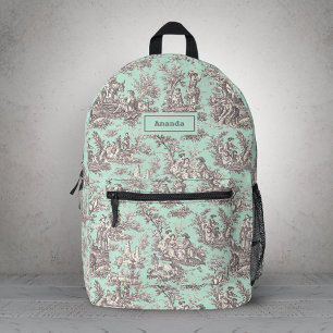 Sac À Dos Imprimé Élégant gris menthe toile de Jouy vintage