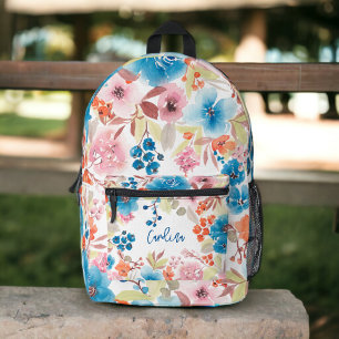 Sac À Dos Imprimé Elégant nom d'aquarelle fleurie rose-bleu boho