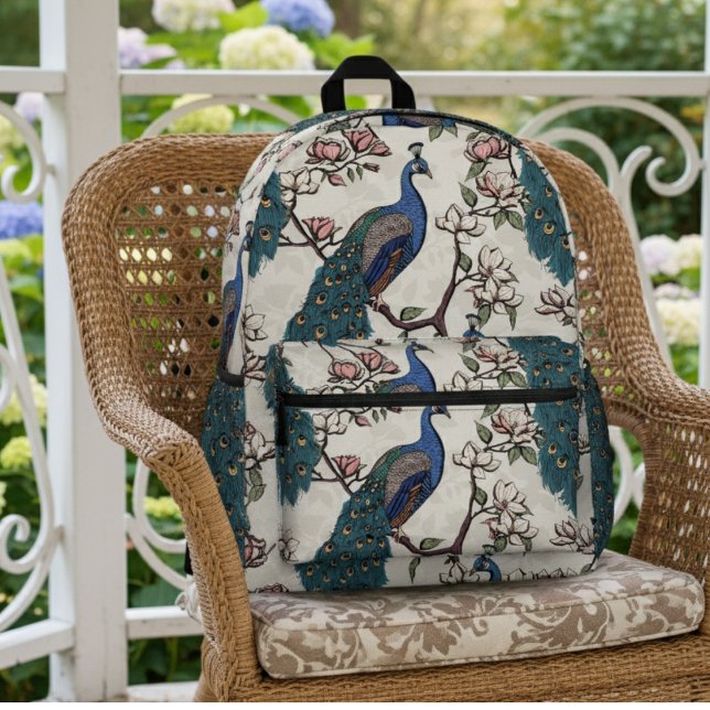 Sac À Dos Imprimé Elégant Peacocks Turquoise & Fleurs Magnolia ivoir (Chic Blue & Teal Peacock in Magnolia Tree with Flowers on Ivory. Elegant Floral Pattern for Her)