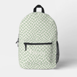 Sac À Dos Imprimé Élégant Retro Wavy Green Check Nom du monogramme