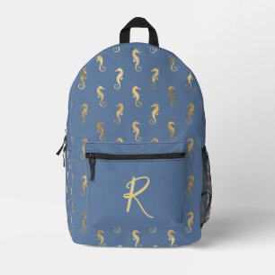 Sac À Dos Imprimé Elégant Seahores d'or sur Blue Personnalisé