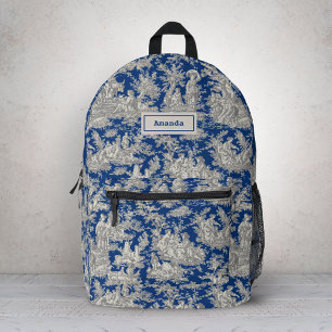 Sac À Dos Imprimé Élégant Toile de Jouy Monogramme Vintage Bleu Fonc