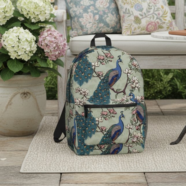 Sac À Dos Imprimé Elégant Turquoise Peacocks & Fleurs Magnolia Vert (Chic Blue & Teal Peacock in Magnolia Tree with Flowers on Sage Green. Elegant Floral Pattern for Her)