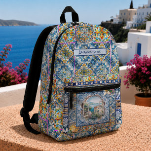 Sac À Dos Imprimé été italie carreaux bleu floral citrus monogramme