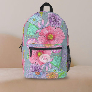 Sac À Dos Imprimé Feuilles et nom des fleurs captivantes d'aquarelle