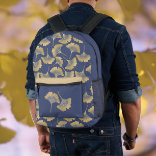 Sac À Dos Imprimé Feuilles Gold Gingko sur Monogramme bleu ardoise