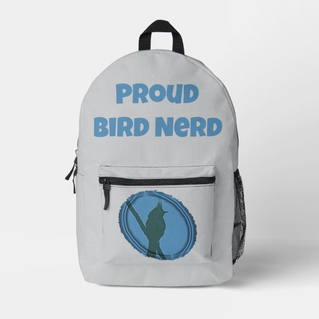Sac À Dos Imprimé Fier Oiseau Nerd Gris Bleu Silhouette Birder (Recto)