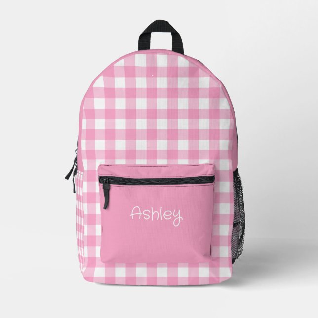 Sac À Dos Imprimé Fille Motif Gingham Rose Nom Personnalisé (Recto)