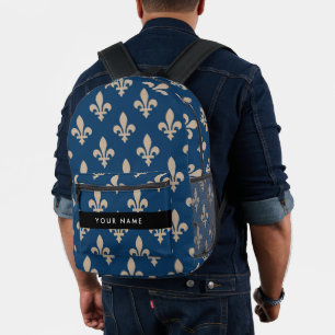 Sac À Dos Imprimé Fleur de Lis, Beige sur Bleu Nuit, Royal, Votre No