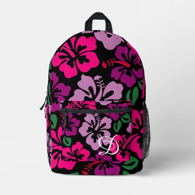 Sac À Dos Imprimé fleur d'hibiscus tropical hawaii rose noir (Recto)