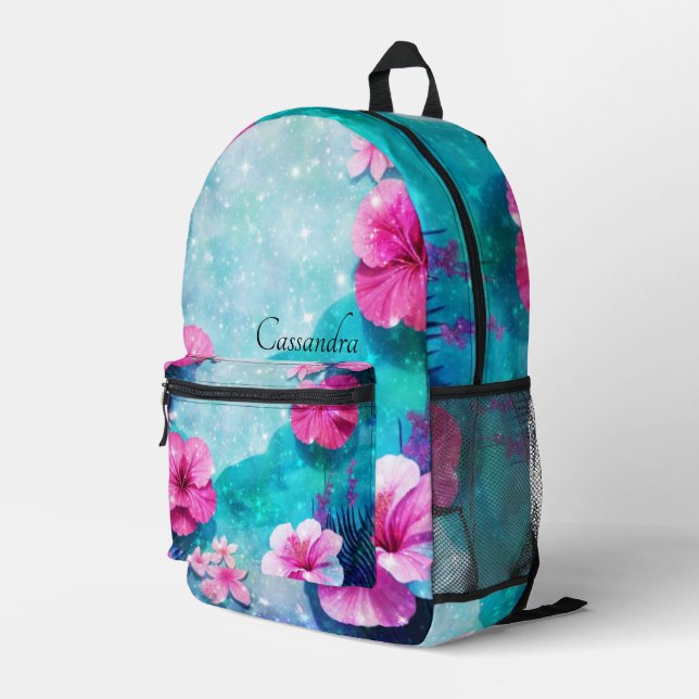 Sac À Dos Imprimé Fleur d'Hibiscus Turquoise et rose (Coin arrière droit)