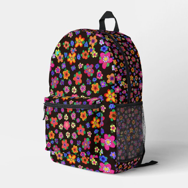 Sac À Dos Imprimé Fleurs Boho Fleurs multicolores sur Brown foncé (Coin arrière droit)