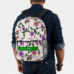 Sac À Dos Imprimé Fleurs Colorées, Fond Rose, Vert