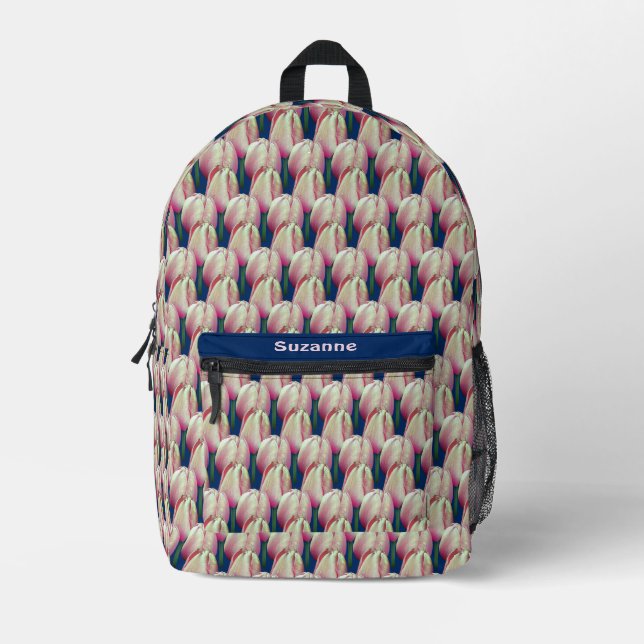 Sac À Dos Imprimé Fleurs de tulipes roses personnalisées (Recto)