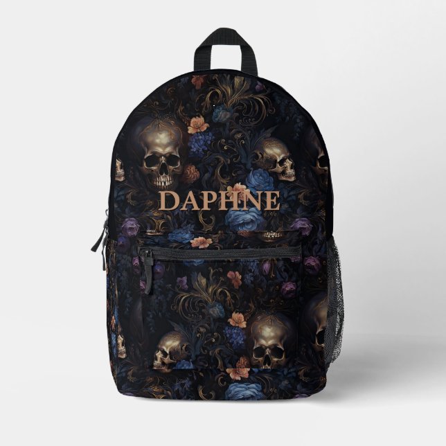 Sac À Dos Imprimé Fleurs et crânes gothiques foncés Monogramme (Recto)
