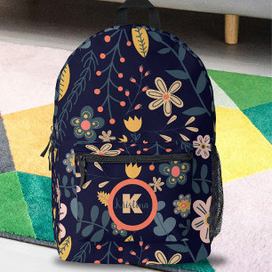 Sac À Dos Imprimé Fleurs et Feuilles Whimsical sur Navy Blue