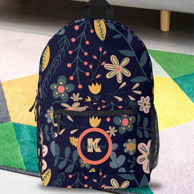Sac À Dos Imprimé Fleurs et Feuilles Whimsical sur Navy Blue (Créateur téléchargé)