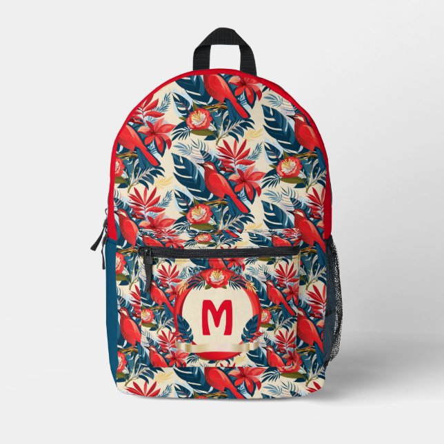 Sac À Dos Imprimé Fleurs exotiques Monogram et motif oiseaux rouges  (Recto)