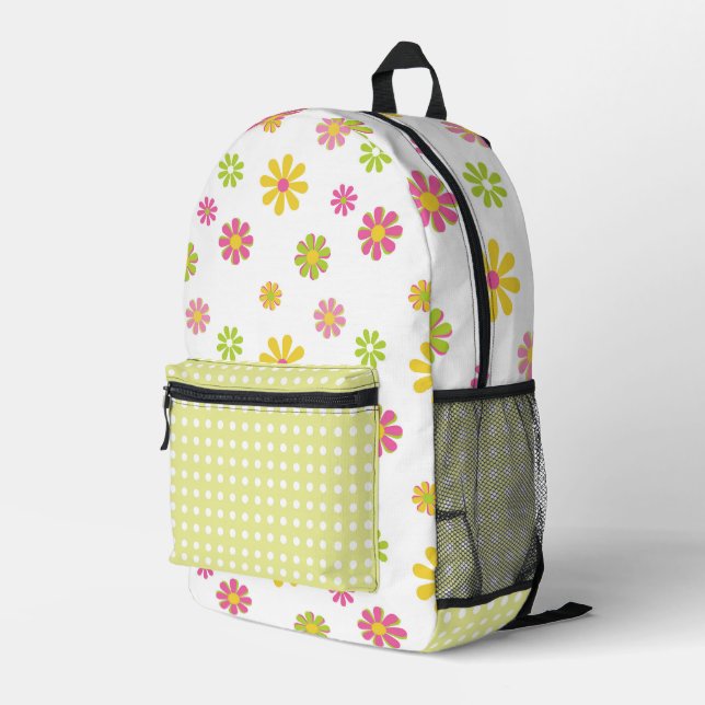 SAC À DOS IMPRIMÉ FLEURS RÉTRO-JOURNÉES VERT ROSE JAUNE (Coin arrière droit)