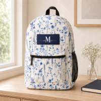 Fleurs sauvages aquarelle bleu marine Monogramme N