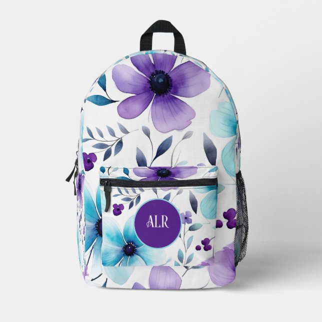 Sac À Dos Imprimé Fleurs sauvages violettes et bleues (Recto)