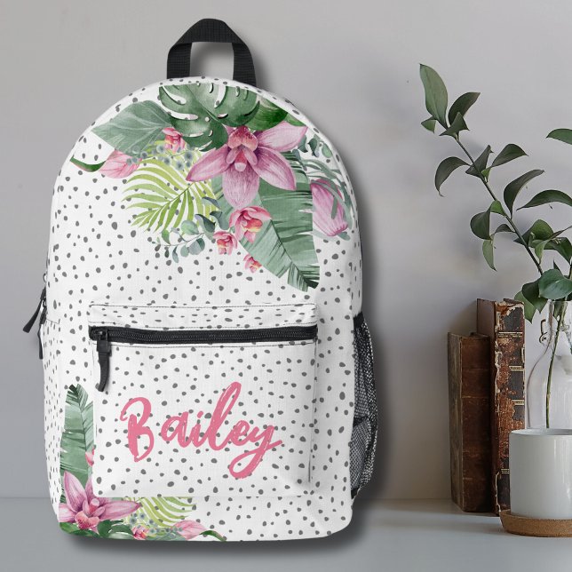Sac À Dos Imprimé Floral Tropical Nom personnalisé Filles (Cute Trendy Dot Pattern Floral Tropical Watercolor Printed Backpack)