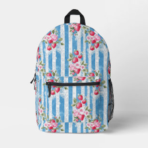Sac À Dos Imprimé Fraises vintages et fleurs sur bandes bleues