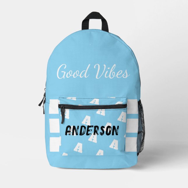 Sac À Dos Imprimé Good Vibes Monogramme Avec Nom Bleu (Recto)