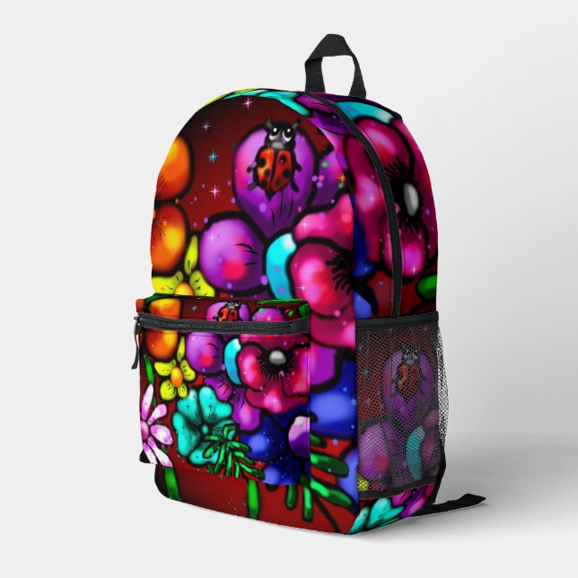 Sac À Dos Imprimé Graffiti Style Fleurs & Ladybug rose violet rouge (Coin arrière droit)