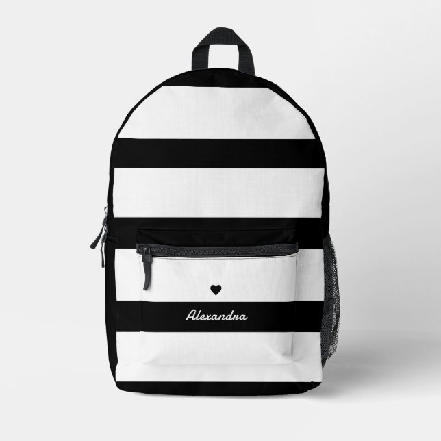 Sac À Dos Imprimé Gras moderne noir blanc rayé | Nom personnalisé (Recto)