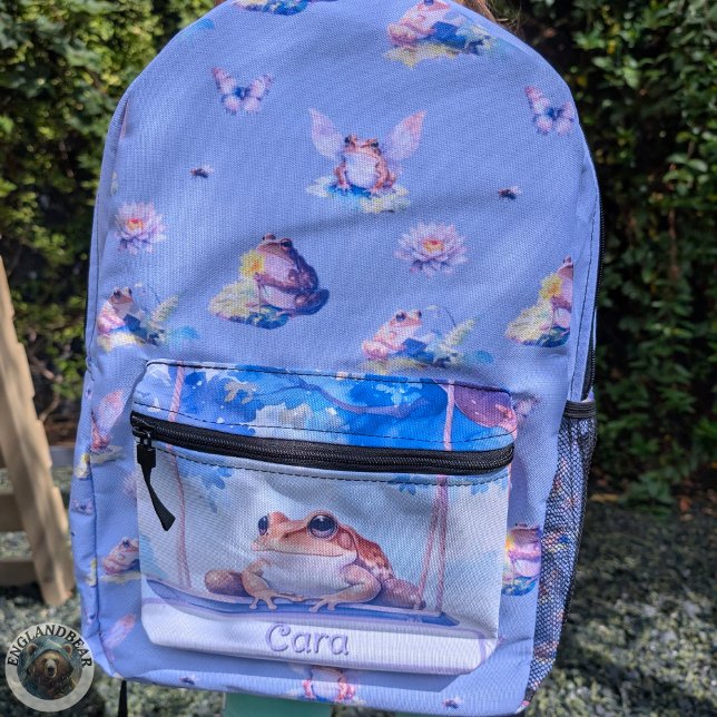 Sac À Dos Imprimé Grenouille à l'aquarelle sur un bois à aile (The "Whispering Fen" Collection | Whimsical Frogs back to school kids backpack Full Product Photo)