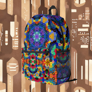 Sac À Dos Imprimé Hex Mandala bleu jaune rouge et vert