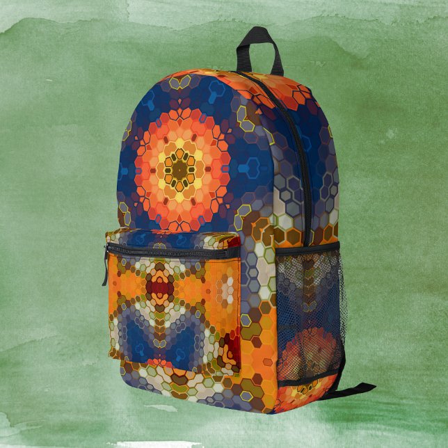 Sac À Dos Imprimé Hex Mandala bleu orange et rouge (Blue Orange and Red Hexagon Mandala Backpack by Wormhole Orbital)
