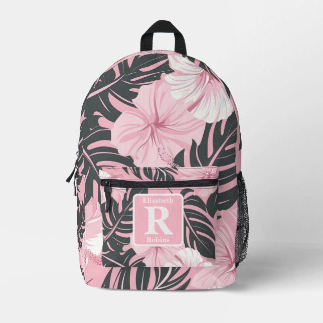 Sac À Dos Imprimé Hibiscus rose tropical personnalisé Monogramme (Recto)