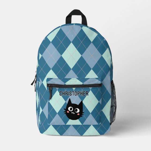 Sac À Dos Imprimé Jacquard Bleu, Chat Noir Personnalisé (Recto)