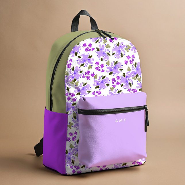 Sac À Dos Imprimé Jardin Floral Violet Nom personnalisé Initiale (Purple and green watercolor Floral Garden personalized school backpack.)
