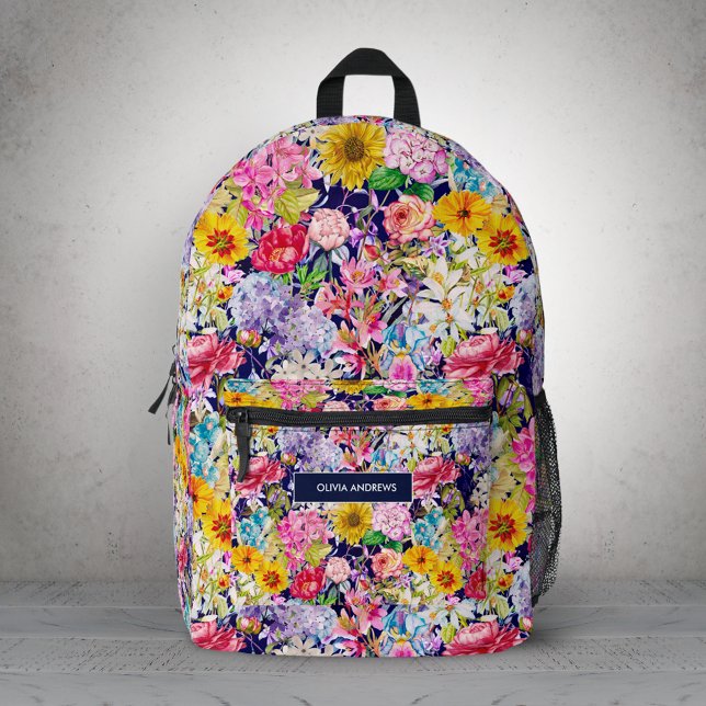 Sac À Dos Imprimé Joli bleu jaune élégant motif floral monogramme (Créateur téléchargé)