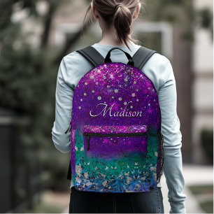 Sac À Dos Imprimé Joli bleu violet ombre parties scintillant monogra