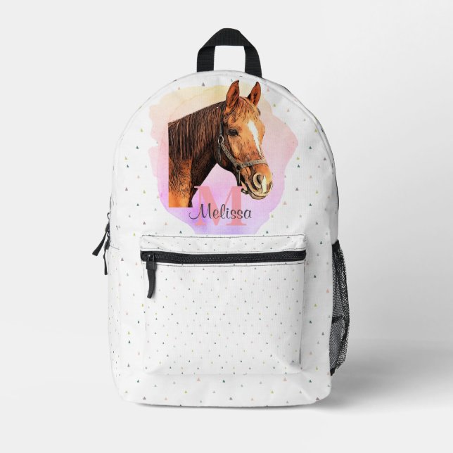 Sac À Dos Imprimé Joli Cheval Animal Equestre Étables Monogramme (Recto)