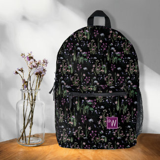 Sac À Dos Imprimé Joli Ditsy FLoral motif noir violet Monogramme