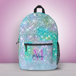 Sac À Dos Imprimé Joli monogramme de licorne turquoise fausse brilla