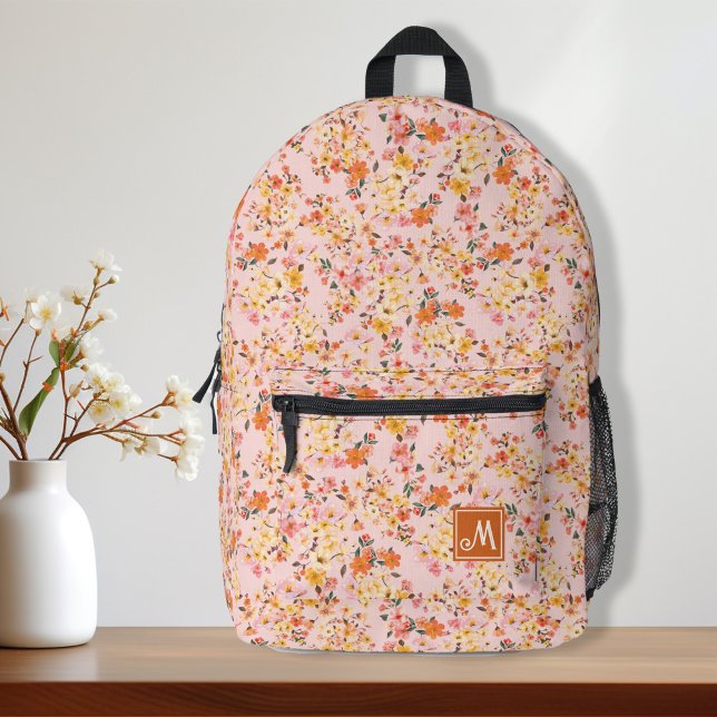 Sac À Dos Imprimé Joli motif floral mignon Jaune Orange Personnalisé (Pretty ditsy tiny floral pattern yellow orange monogram backpack, back to school, school essentials
)