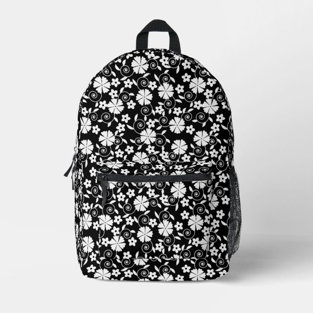 Sac À Dos Imprimé Joli noir fleurs blanches motif (Recto)