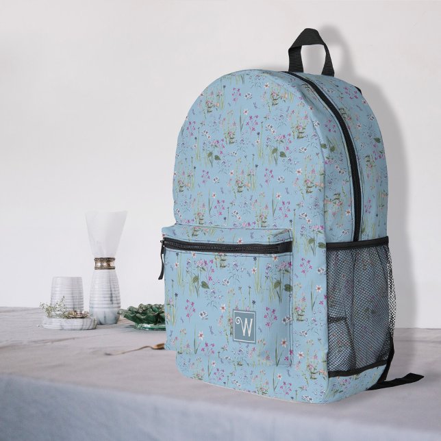 Sac À Dos Imprimé Jolie Ditsy FLoral Bleu Motif Monogramme Fille (Pretty ditsy floral chic simple floral light blue monogram, a cute printed backpack for girl, ladies)